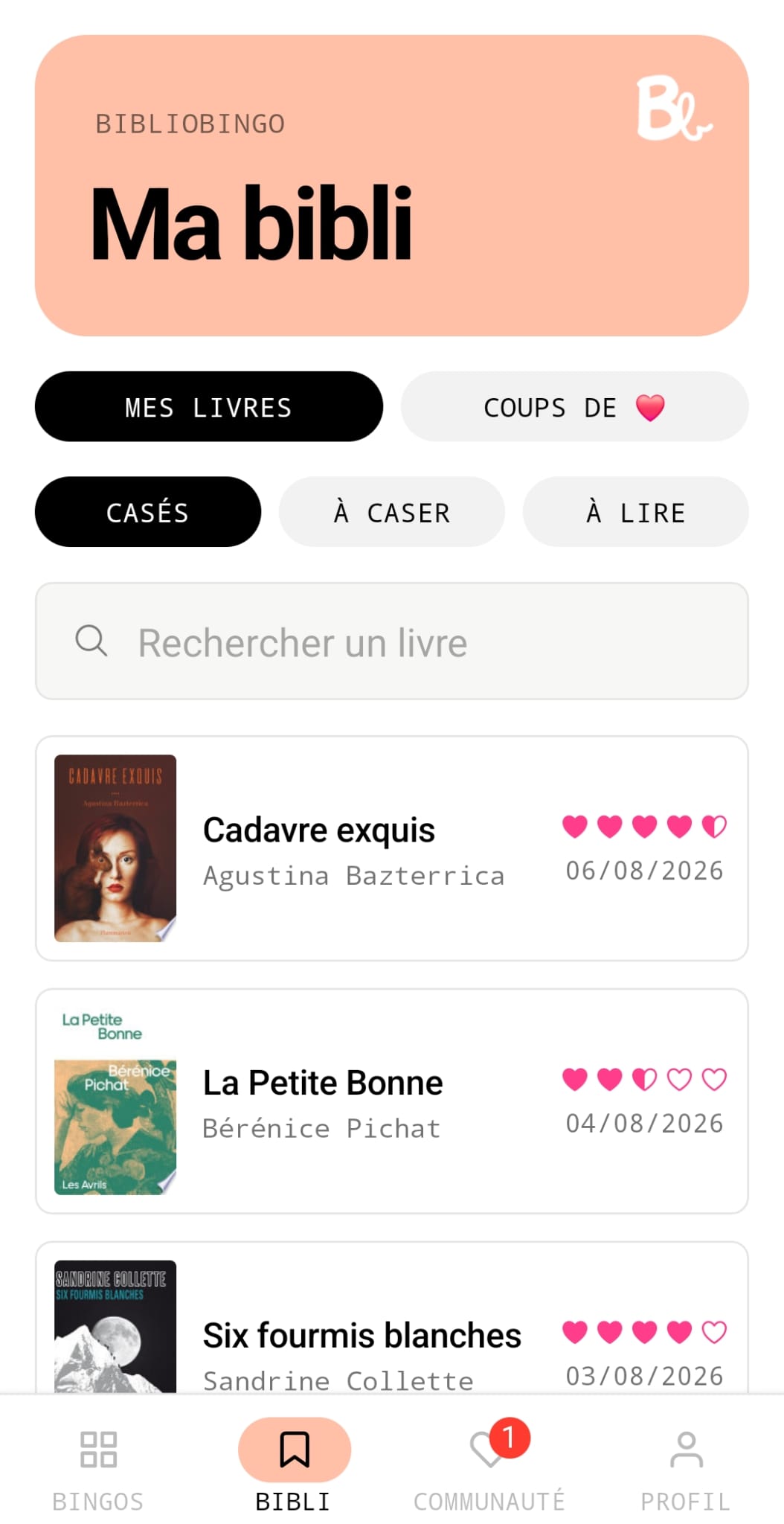 Écran « Ma bibli » : liste des livres lus avec note et date