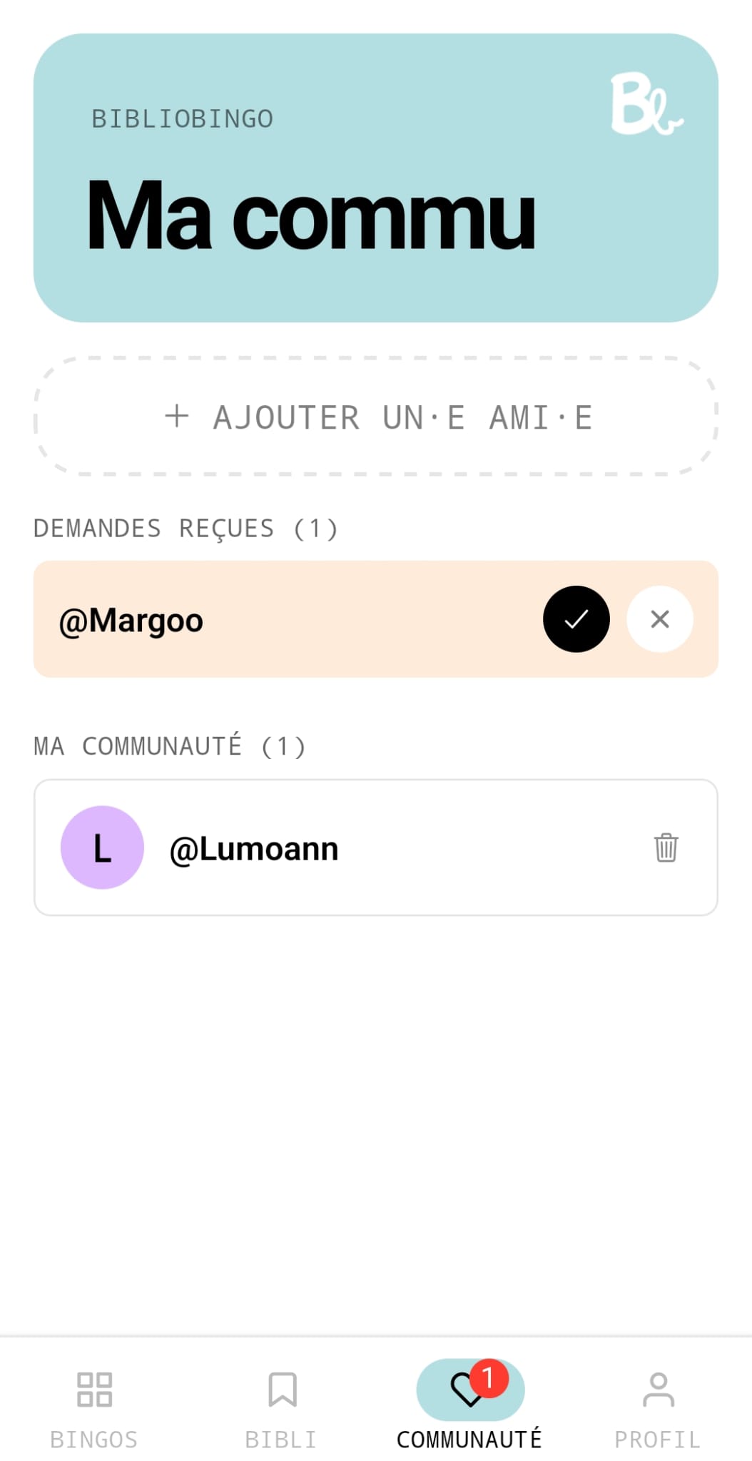 Écran « Ma commu » : liste des mes amis pour suivre leurs lectures et leur progression