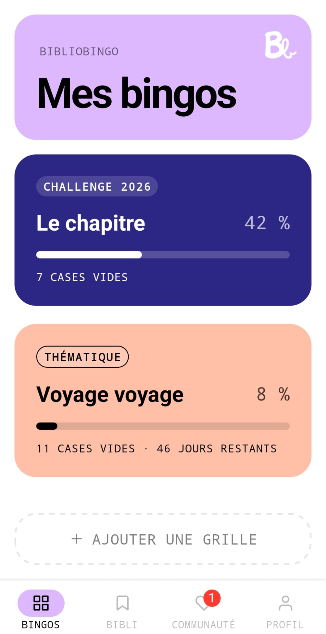 Écran « Mes bingos » : liste des grilles en cours avec leur progression